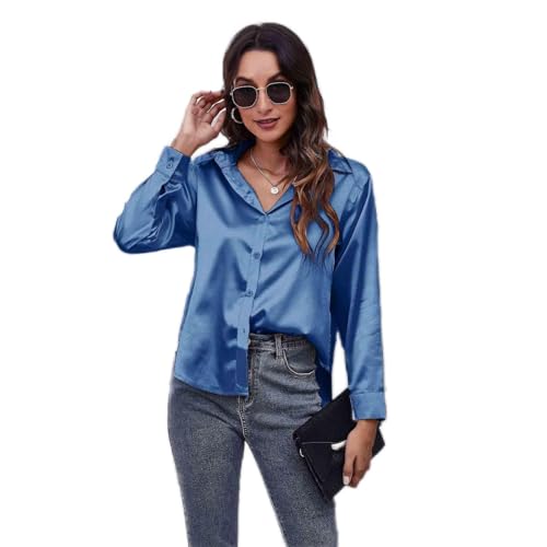 Clotth Damska koszula z długim rękawem z satynowego jedwabiu Button Down Shirt, Blue-XXL, XXL