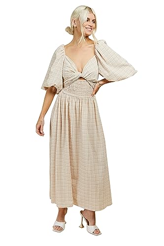 Beżowa sukienka midi w kratkę, naturalny, 42