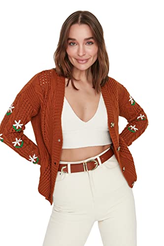 Trendyol Damski standardowy standardowy kardigan z dzianiny z dekoltem w serek, Czerwone płytki, S