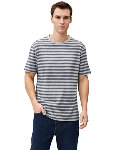 Koton Męski T-shirt Basic z okrągłym dekoltem i krótkim rękawem, Blue Stripe (01K), XL