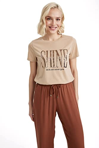 DeFacto T-shirt damski, beżowy, XS
