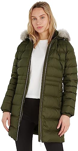 Tommy Hilfiger Damski płaszcz puchowy Tyra z futrem, Zielony wojskowy, L