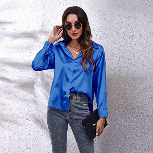 Clotth Damska koszula z długim rękawem z satynowego jedwabiu Button Down Shirt, Royal Blue-XL, XL