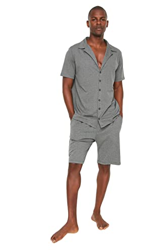 Trendyol Męska koszulka męska, gładka, tkana, krótka piżama, Antracyt, M