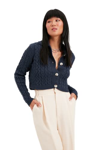 Trendyol Damski sweter rozpinany z dekoltem w serek, jednokolorowy, indygo, L, Indygo, L