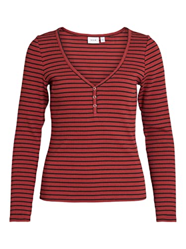 Vila Damska koszulka z długim rękawem Vibalu L/S Rib Top-Noos, Fired Brick/paski: czarny, XS