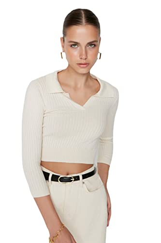 Trendyol Damska bluza z okrągłym dekoltem, zwykła, regularna, Ecru, M, Ecru, M