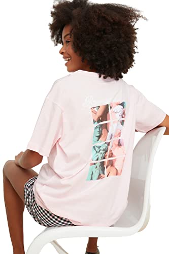 Trendyol Damska koszulka oversize z okrągłym dekoltem, różowy, XL