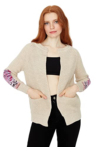 Trendyol Damski sweter bomberka z kołnierzykiem zwykły zwykły kardigan, beżowy, L, BEŻOWY, L