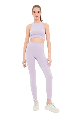 TRENDYOL Mieszanka poliamidu legginsy sportowe - liliowe - wysoki ściągacz, liliowy, M-L