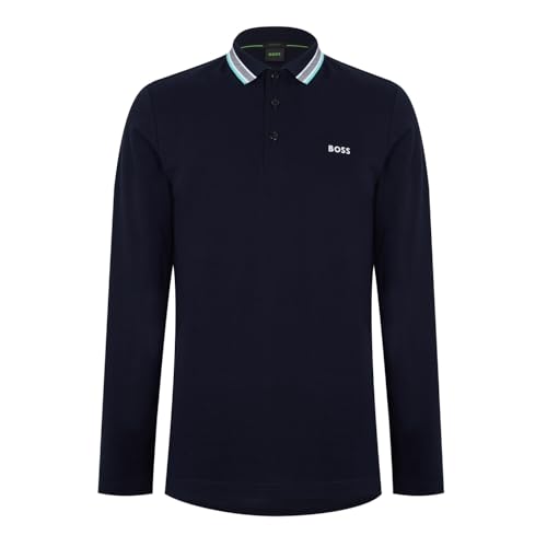 BOSS Męska koszulka polo z długim rękawem z bawełny piqué z detalami na kołnierzu, Dark Blue406, L
