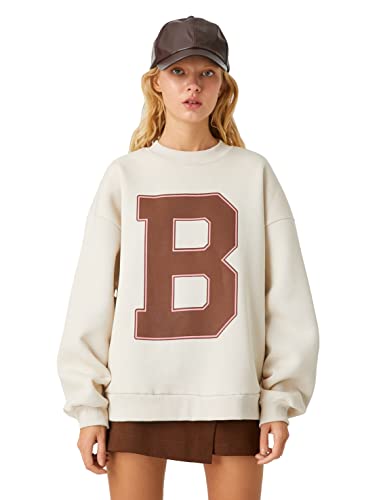 Koton Damska bluza z nadrukiem Crew Neck Long Sleeve, beżowy (050)