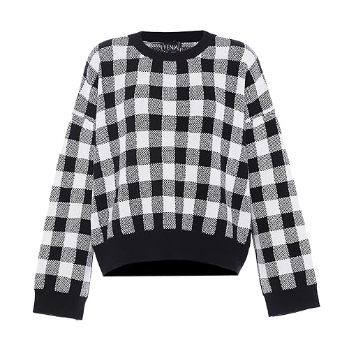 Fenia Damski sweter z dzianiny Slouchy z blokiem kolorów w kratkę, czarno-biały, w kratkę, rozmiar M/L, Czarno-biała kratka, M