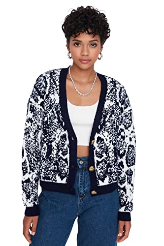 Trendyol Damski sweter oversize standardowy dekolt w serek dzianinowy sweter, granatowy, L
