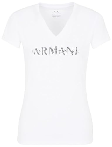 Armani Exchange Damska koszulka z logo z dekoltem w serek, biały, XS