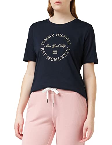 Tommy Hilfiger Damskie reg metaliczne okrągłe C-Nk Ss S/S dzianinowe topy, pustynne niebo, S, Pustynne niebo, S