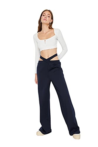 Trendyol Damskie spodnie dresowe z szerokimi nogawkami o normalnej talii, Ciemny granatowy niebieski, M