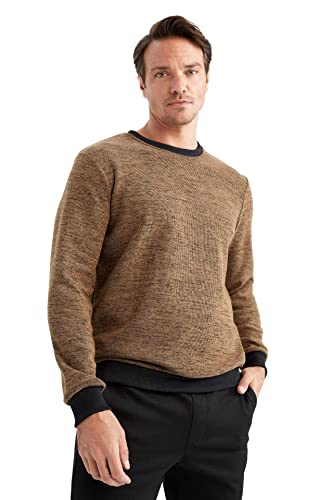 DeFacto Sweter z długim rękawem męski - okrągły dekolt bluza męska (brązowy, S), brązowy, S