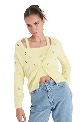 Trendyol Damski regularny kardigan z dzianiny z dekoltem w serek, ŻÓŁTY, M