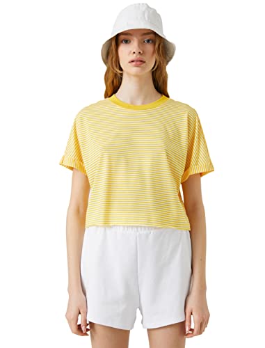 Koton Damska koszulka Viscose Mix Crew Neck Short Sleeve Crop, Żółty pasek (1s5), S
