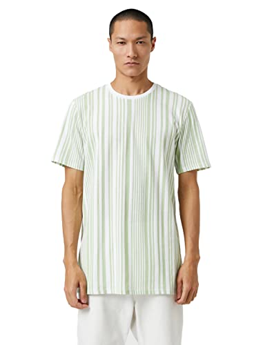 Koton Męski T-shirt Basic z okrągłym dekoltem i krótkim rękawem, Zielone paski (12 K), XL