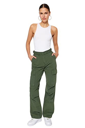 Trendyol Damskie spodnie jeansowe o normalnej talii z szeroką nogawką, Khaki, 64