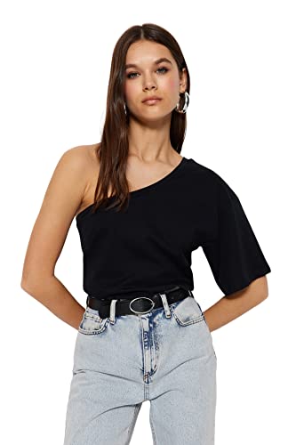 Trendyol Damska koszulka z dzianiny o regularnym kroju z asymetrycznym kołnierzem, Czarny, M