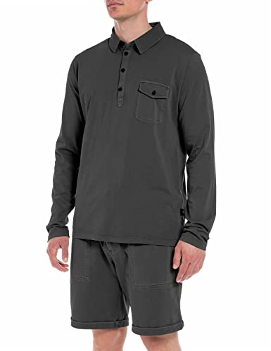 Replay Męska koszulka polo z długim rękawem z bawełny, szara (Smoke Grey 391), M, Dark Grey 391, M