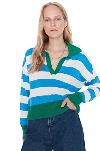 Trendyol Damska bluza polo w paski, regularny sweter, ZIELONY, L