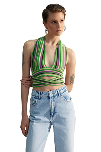 Trendyol Damska bluzka z dzianiny slim fit basic dekolt w serek, ZIELONY, S
