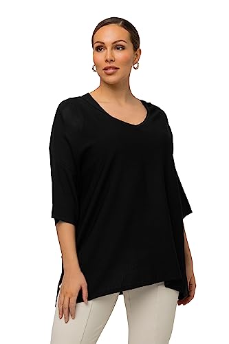 Ulla Popken Damski sweter oversize, dekolt w serek, sweter z rękawami do połowy, czarny, 50/52