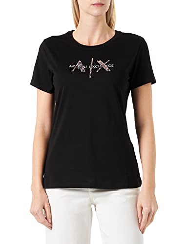 Armani Exchange Damska koszulka o regularnym kroju, wyszywane logo, czarna, S, czarny, S
