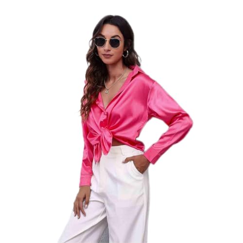 Clotth Damska koszula z długim rękawem z satynowego jedwabiu Button Down Shirt, Różowa czerwień-m, M