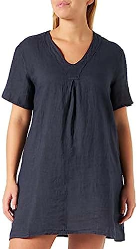 Bonateks, Krótki rękaw, plisowana sukienka przednia, 100% len, rozmiar DE:42 rozmiar US: XL, granatowy - wyprodukowano we Włoszech, niebieski, 42