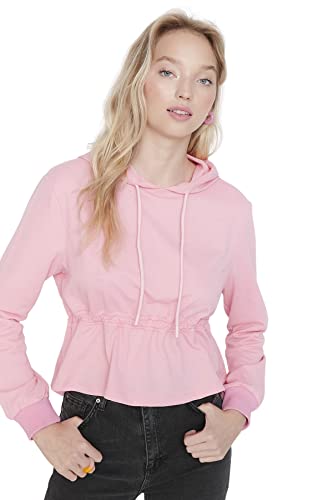 Trendyol Damska bluza z okrągłym dekoltem, jednokolorowa, regularna bluza, różowy, XL