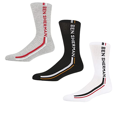 Ben Sherman Męskie grube skarpety sportowe w kolorze czarnym/białym/szarym z kolorowym nadrukiem, autentyczny branding - opakowanie zbiorcze 3 szt, Czarny Biały Szary, rozmiar uniwersalny