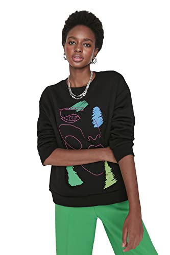TRENDYOL Damska bluza z okrągłym dekoltem z hasłem, podkreślająca figurę, czarny, XL