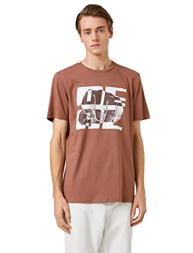 Koton Męski T-shirt z nadrukiem z okrągłym dekoltem i krótkim rękawem, Chocolate (562), L