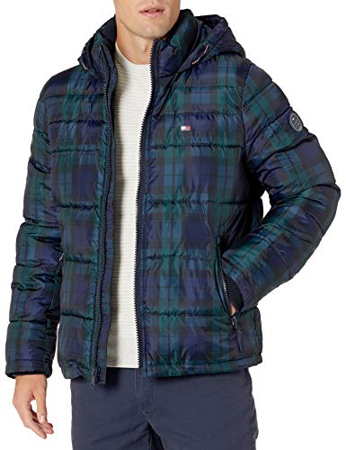 Tommy Hilfiger Męska klasyczna kurtka puchowa z kapturem (regularne i duże i wysokie) alternatywny płaszcz puchowy, Czarny zegarek w kratę, S