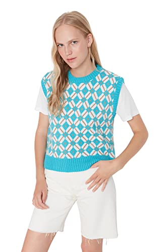 Trendyol Damska kamizelka z okrągłym dekoltem, wzorzysta, oversize, niebieska, M, NIEBIESKI, M