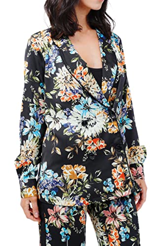 Pretty Darling Damska czarna kwiatowa piżama styl satynowa z długimi rękawami Banding Casual Bluzka, multi, 40