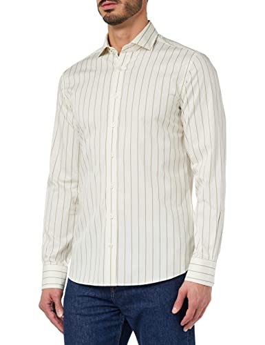 Hackett London Męska koszula z szerokimi pinami w paski, Biały/jasnobrązowy, XS