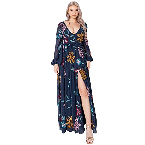 Maya Deluxe Damska sukienka maxi ze slit Long Sleeve Bishop V Neckline Floral Embellishment for Special Occasions Balowa sukienka, grantowy, 34