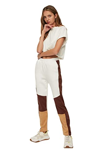 Trendyol Damskie spodnie dresowe z dzianiny Ecus Color Blocked Basic Jogger, Ecru, L
