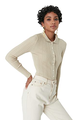 Trendyol Damski dopasowany kardigan z dzianiny bodycon polo z dekoltem, KAMIEŃ, S