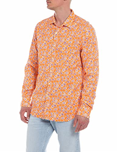 Replay Męska koszula z długim rękawem z mieszanki bawełny, pomarańczowa (Orange With Printed Flowers 010), L, Lt Brown With Printed Flowers 010, L
