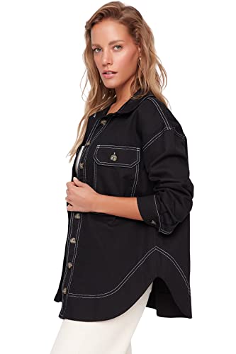TRENDYOL Damska koszula z kołnierzem bluzowym, jednokolorowa, oversize, koszula, czarny, 34