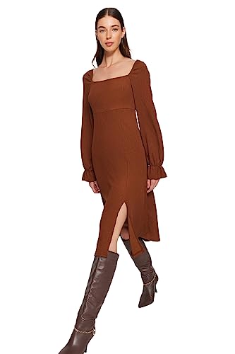 Trendyol FeMan Skater Regular Fit Sukienka z dzianiny, Brązowy, L, Brązowy, L