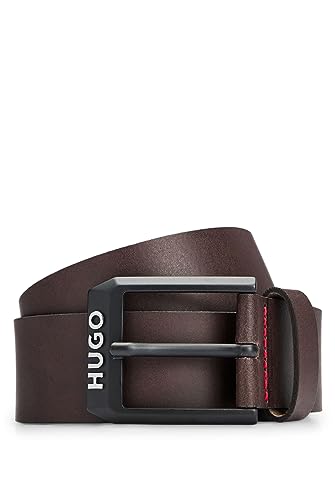HUGO Gelio-B Sz40 męski pasek skórzany z czarnym matowym zapięciem z logo, Dark Brown202, 90