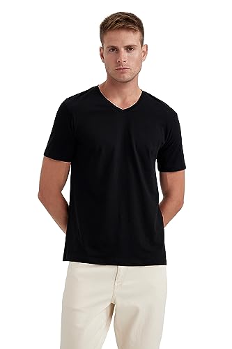 DeFacto Męski Basic Slim Fit T-shirt męski z dekoltem w serek – klasyczny T-shirt dla mężczyzn, czarny, XS